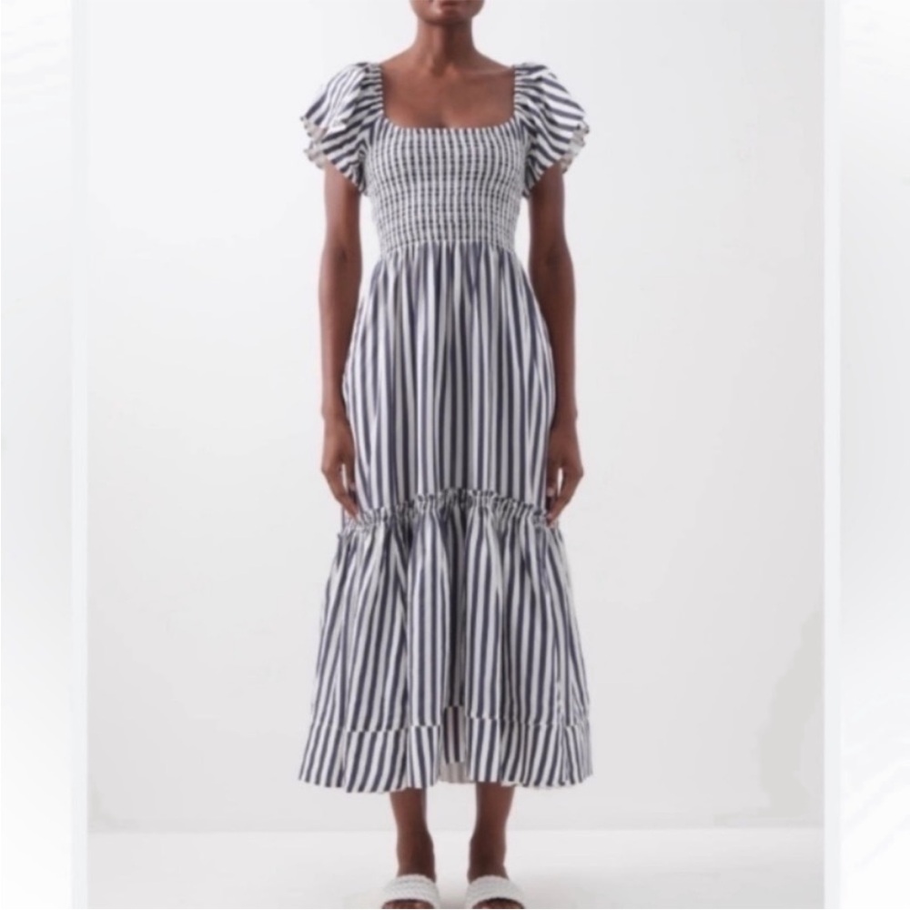 La Ligne Lottie Flutter Sleeve Maxi Dress Blue and Ivory Stripe Med